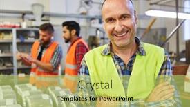  Presentation with worker - Cool new slide deck with happy-skilled-worker-stands backdrop and a yellow colored foreground