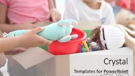  Presentation with donation - Presentation enhanced with happy small volunteers sorting donation background and a light gray colored foreground