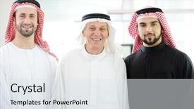  Presentation with arabic - Slide set enhanced with happy smart business man arabic with team mates background and a white colored foreground