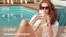  Presentation with sensuality woman black angel relaxing - PPT theme consisting of happy smartphone woman relaxing near background and a coral colored foreground