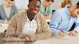  Presentation with taking notes - Beautiful PPT theme featuring happy smiling african student taking backdrop and a coral colored foreground