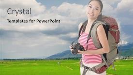  Presentation with asia - Cool new PPT theme with happy-smiling-asian-young-female backdrop and a light gray colored foreground