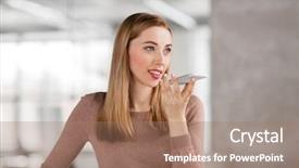  Presentation with recorder - Slide deck having happy smiling businesswoman using voice background and a coral colored foreground