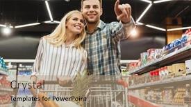  Presentation with supermarket trolley - PPT layouts having happy smiling couple with a trolley shopping at supermarket background and a coral colored foreground