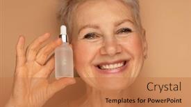  Presentation with essence - Presentation theme consisting of happy-smiling-elderly-attractive-woman background and a coral colored foreground