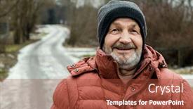  Presentation with elderly - Amazing PPT layouts having happy-smiling-elderly-bearded-man backdrop and a red colored foreground