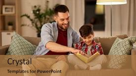  Presentation with family reading - PPT layouts having happy smiling father and little background and a coral colored foreground