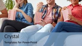  Presentation with junk food - Beautiful PPT layouts featuring happy smiling friends eating popcorn backdrop and a  colored foreground