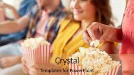  Presentation with energy food and junk food - Colorful slide set enhanced with happy smiling friends eating popcorn backdrop and a yellow colored foreground