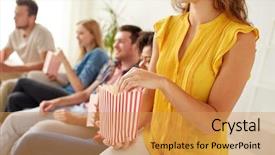  Presentation with energy food and junk food - Cool new PPT theme with happy smiling friends eating popcorn backdrop and a  colored foreground