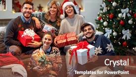  Presentation with christmas movies - Audience pleasing PPT theme consisting of happy smiling friends sharing christmas backdrop and a tawny brown colored foreground