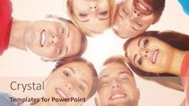  Presentation with five business people standing together and smiling - Audience pleasing PPT layouts consisting of happy-smiling-friends-standing-together backdrop and a lemonade colored foreground