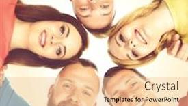  Presentation with college education happy smiling - PPT theme with happy-smiling-friends-standing-together background and a lemonade colored foreground