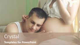  Presentation with give - Slides consisting of happy smiling future dad give a hug to the belly of his pregnant wife and listen it background and a coral colored foreground