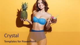  Presentation with portrait happy family smiling - Theme with happy smiling girl in swimsuit background and a gold colored foreground