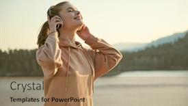  Presentation with music headphones - Theme having happy-smiling-girl-listens background and a coral colored foreground