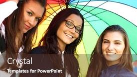  Presentation with under umbrella - Beautiful slides featuring happy smiling girlfriends stay under colourful umbrella backdrop and a tawny brown colored foreground