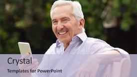  Presentation with man sitting bench - Slides having happy smiling grandfather holding mobile background and a light blue colored foreground