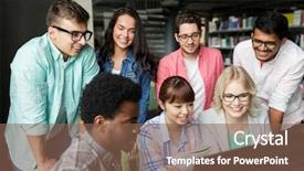  Presentation with technology students - Slide deck with happy smiling international students background and a  colored foreground