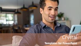  Presentation with smartphone - Slide set consisting of happy-smiling-latin-man background and a coral colored foreground