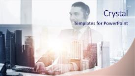  Presentation with business communication - Audience pleasing PPT theme consisting of happy smiling male helpline operator backdrop and a sky blue colored foreground