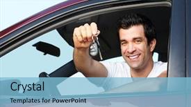  Presentation with car key - Slide deck with happy smiling man with car background and a light blue colored foreground