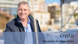  Presentation with college education happy smiling - PPT theme with happy smiling mature man outdoors background and a light blue colored foreground