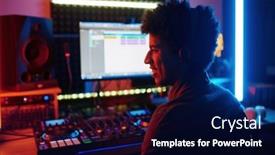  Presentation with music studio - Presentation theme with happy-smiling-music-producer background and a navy blue colored foreground