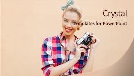  Presentation with purple teal yellow pink and orange - PPT theme enhanced with happy smiling pinup girl in yellow dress using vintage camera and taking pictures over pink background background and a lemonade colored foreground