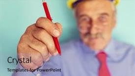  Presentation with writing pen - Presentation theme featuring happy smiling senior engineer closeup portrait with pen writing on abstract background copy space background and a light blue colored foreground