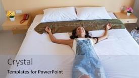  Presentation with bed hotel - PPT theme consisting of happy-smiling-tired-girl-laying background and a light blue colored foreground