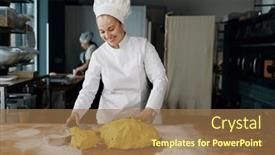  Presentation with dough - PPT theme with happy-smiling-woman-baker-cut background and a coral colored foreground