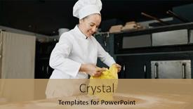  Presentation with dough - PPT theme enhanced with happy-smiling-woman-baker-cut background and a coral colored foreground