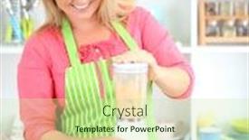  Presentation with fruit cocktail - Audience pleasing PPT theme consisting of happy smiling woman in kitchen preparing fresh fruit cocktail backdrop and a soft green colored foreground
