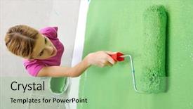  Presentation with green color maths - Colorful presentation design enhanced with happy smiling woman painting interior backdrop and a seafoam green colored foreground