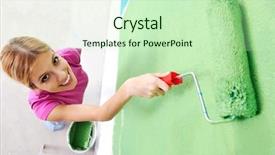  Presentation with blue house bakery - Slide deck featuring paint brush roller - happy smiling woman painting interior background and a soft green colored foreground