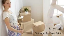  Presentation with interior - Presentation theme featuring happy-smiling-woman-painting-interior background and a coral colored foreground