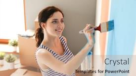  Presentation with happy smiling woman dental health - PPT theme having happy-smiling-woman-painting-interior background and a coral colored foreground