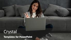  Presentation with working mother - Presentation theme consisting of happy-smiling-woman-sitting background and a dark gray colored foreground