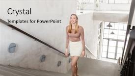  Presentation with upstairs - Slide deck with happy smiling woman walking upstairs background and a  colored foreground