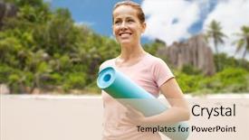  Presentation with clean water healthy concept - Presentation design with happy smiling woman with exercise background and a  colored foreground