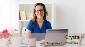  Presentation with home office - Theme having happy smiling woman with laptop background and a mint green colored foreground