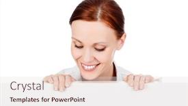  Presentation with signboard - Amazing PPT theme having happy smiling young business woman with a blank signboard isolated on white background backdrop and a lemonade colored foreground