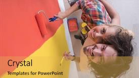  Presentation with young happy couple - Slide set with happy smiling young couple painting background and a  colored foreground