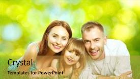  Presentation with family day - PPT theme having happy smiling young family father mother and little daughter having fun outdoors playing together in summer park mom dad and kid laughing lying on green grass enjoying nature outside sunny day background and a gold colored foreground