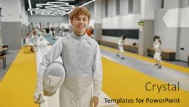  Presentation with school sport - Theme featuring happy-smiling-young-fencer-portrait background and a yellow colored foreground