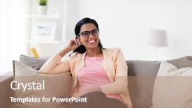  Presentation with race ethnicity - PPT theme having happy smiling young indian woman background and a coral colored foreground