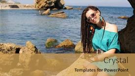  Presentation with rock stone - Presentation with happy-smiling-young-woman-portrait background and a yellow colored foreground