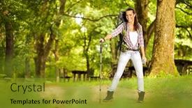  Presentation with hike forest - Presentation theme featuring happy-smiling-young-woman background and a gold colored foreground