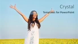  Presentation with rapeseed - Amazing PPT theme having happy smiling young woman with hands up over yellow green rapeseed meadow backdrop and a light blue colored foreground